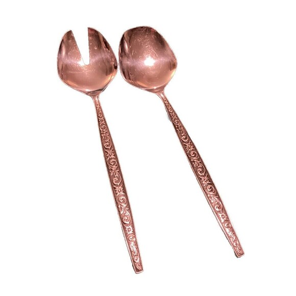 Vintage MCM Stainless Steel Floral Pattern Severing Folk & Spoon Set Japan - Picture 1 of 13